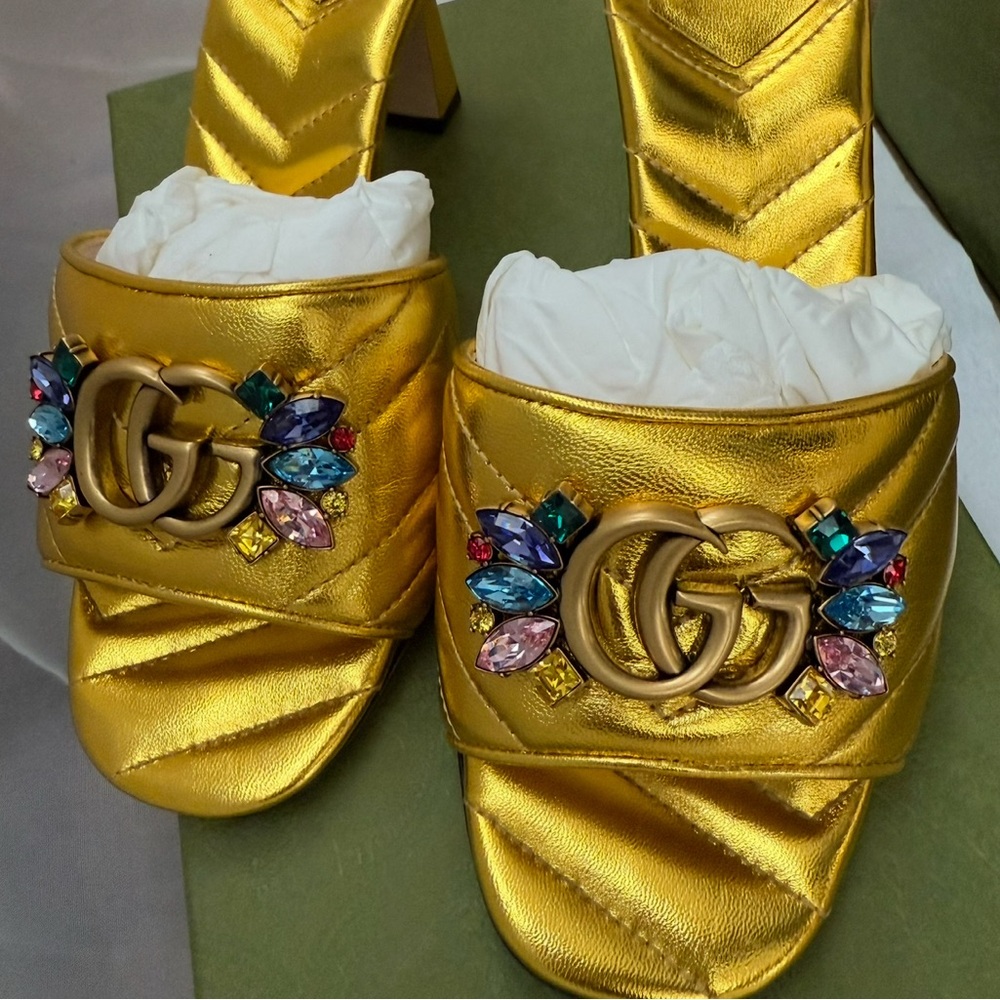 Gucci Gold Mules with Colorful Gemstones